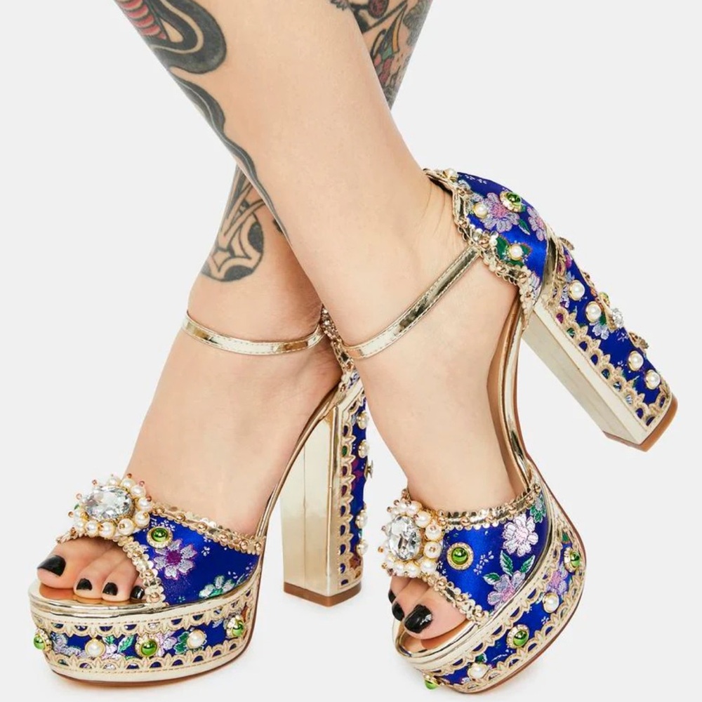 Blue and Gold Platform Heels with Crystal Embellishments